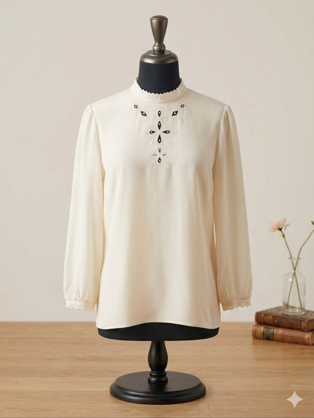 COACH 100% Silk Embroidered Victorian Puff Sleeve Blouse Cream